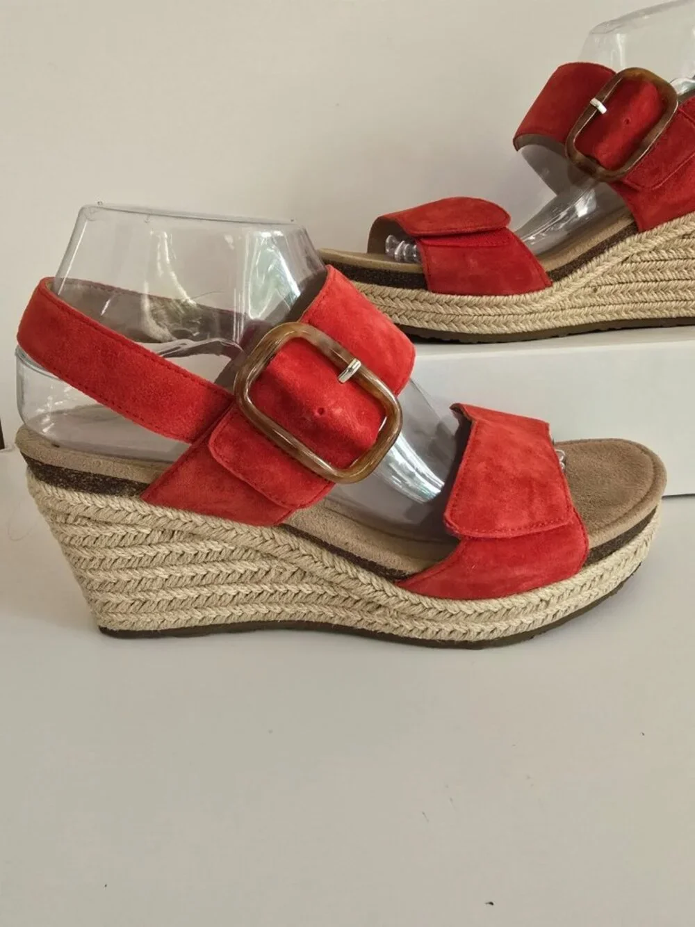 Aetrex Ashley Red Wedge Espadrille Sandals 9 9.5 Shoes Buckle Leather Open Toe